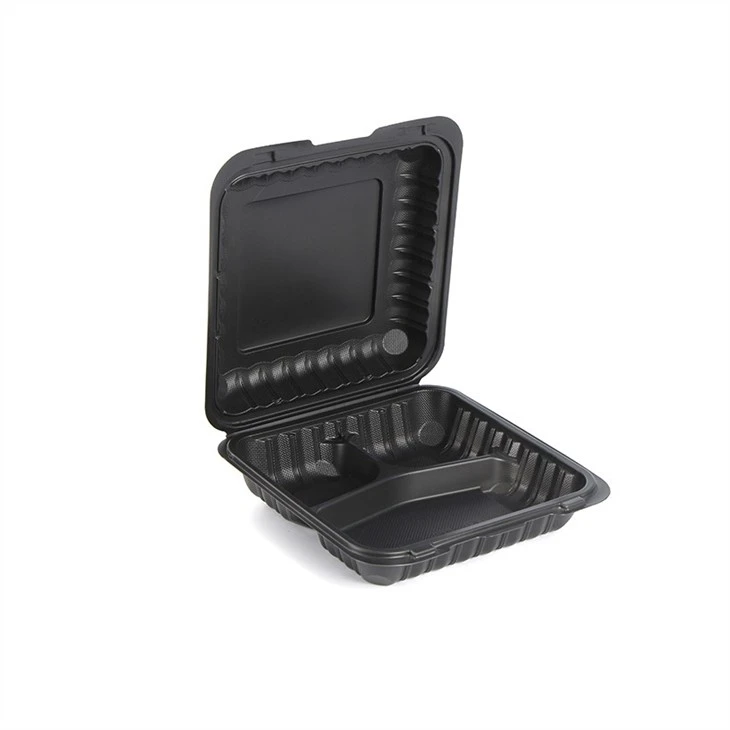Black Plastic Compostable Clamshell Hinged Food Take Out Container Grilled Chicken Takeaway To Go Box With Vents