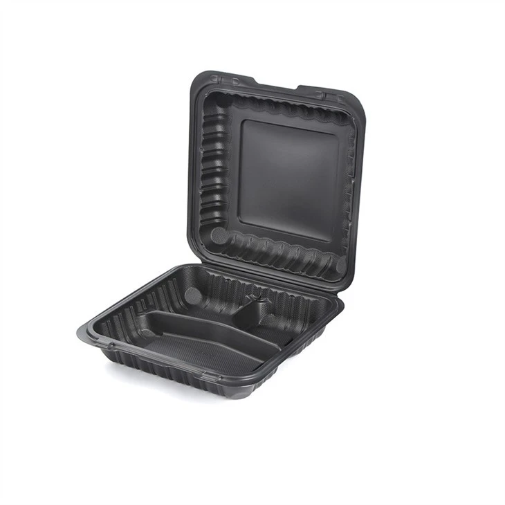 Black Plastic Compostable Clamshell Hinged Food Take Out Container Grilled Chicken Takeaway To Go Box With Vents