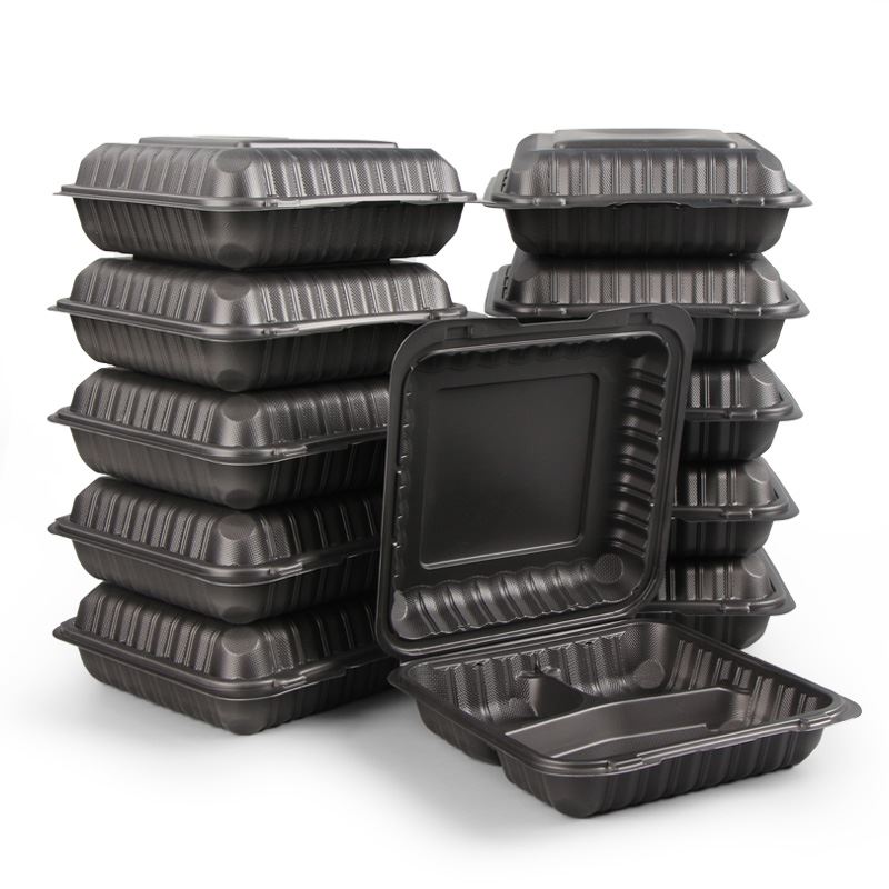 Clamshell ปรับแต่งสีดำอาหารพลาสติกไมโครเวฟแบบใช้แล้วทิ้งนำกล่องคอนเทนเนอร์ออก