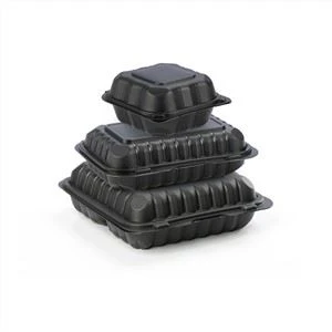 8inch Black Eco Friendly Microwavable Clamshell Plastic Takeaway ภาชนะบรรจุอาหารกล่องอาหารกลางวันแบบใช้แล้วทิ้งสำหรับบรรจุภัณฑ์อาหาร