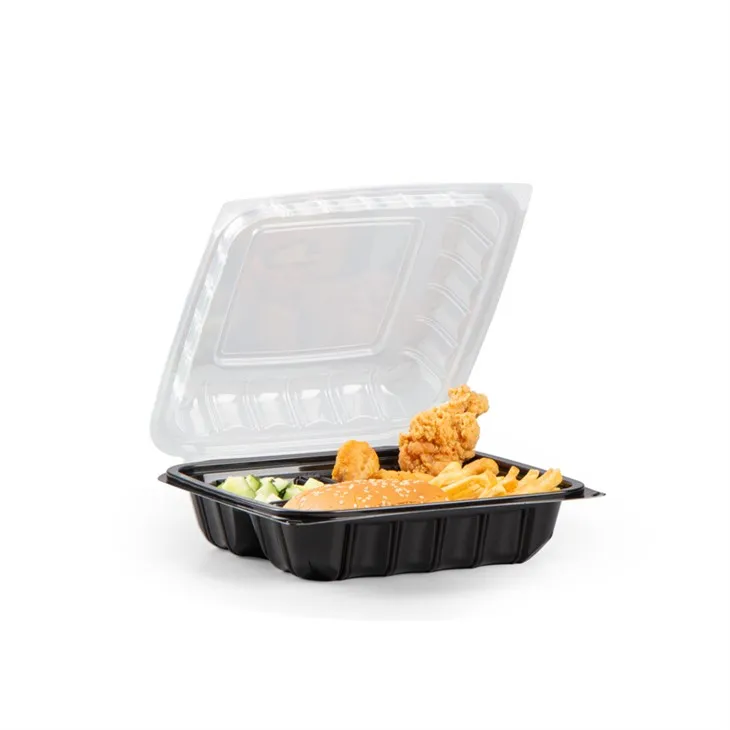 YANG RUI New Item Eco Friendly Take Out Food Container T To Go Box Restaurant Black 3 ช่องถาดพร้อมท็อปใส